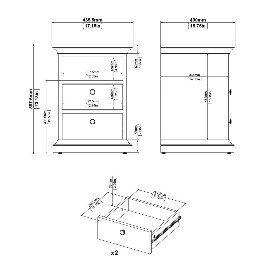 Paris Bedside 2 Drawers in Matt Grey - TidySpaces