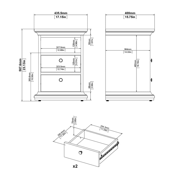 Paris Bedside 2 Drawers in Matt Grey - TidySpaces