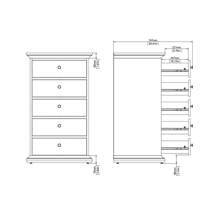 Paris Chest 5 drawers in White - TidySpaces