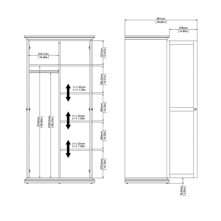 Paris Wardrobe with 2 Doors in White - TidySpaces