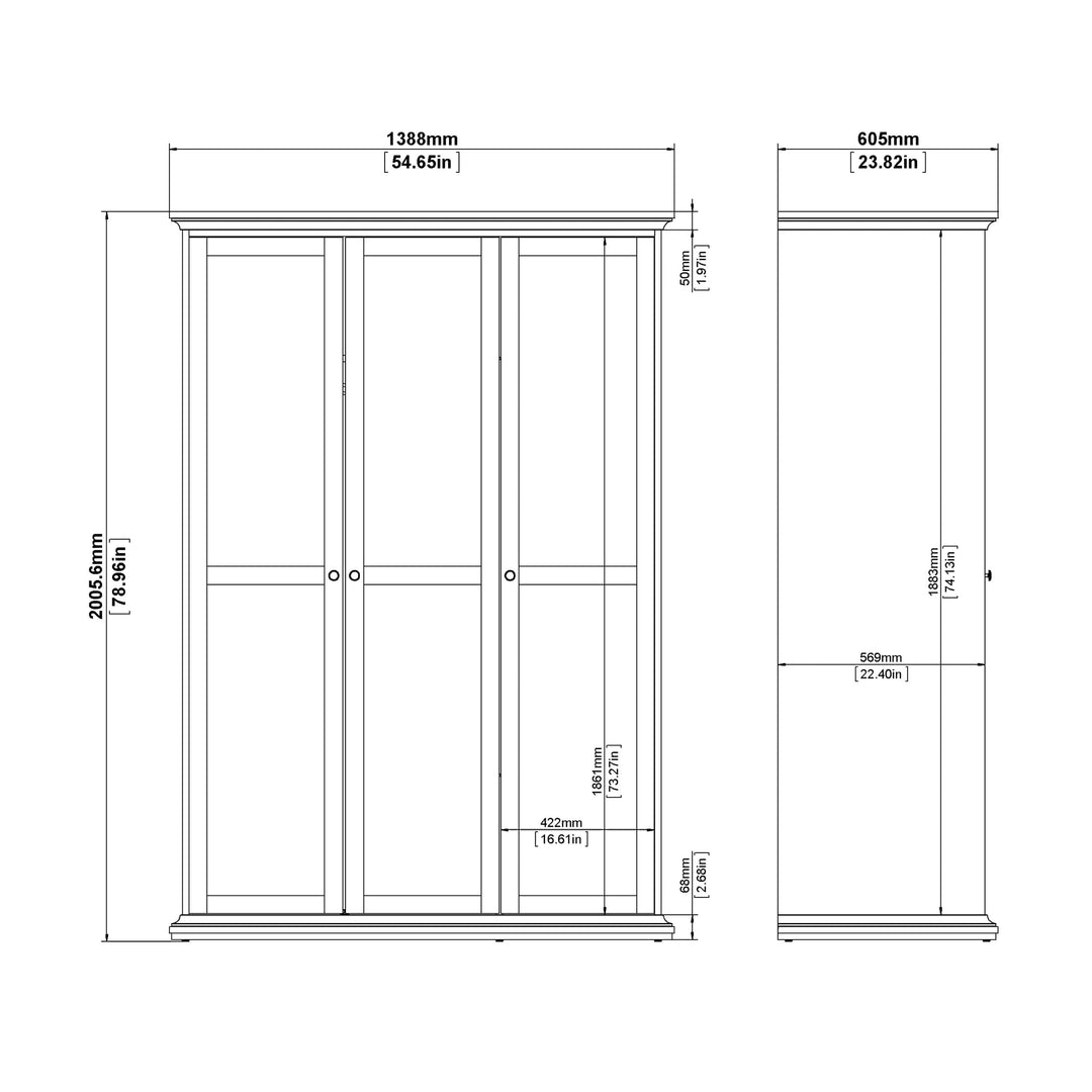 Paris Wardrobe with 3 Doors in White - TidySpaces