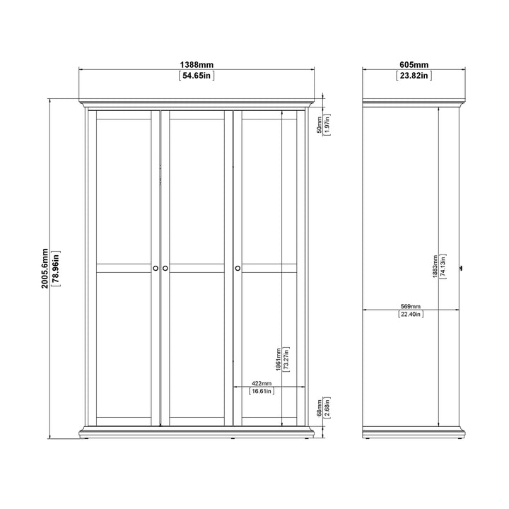 Paris Wardrobe with 3 Doors in White - TidySpaces