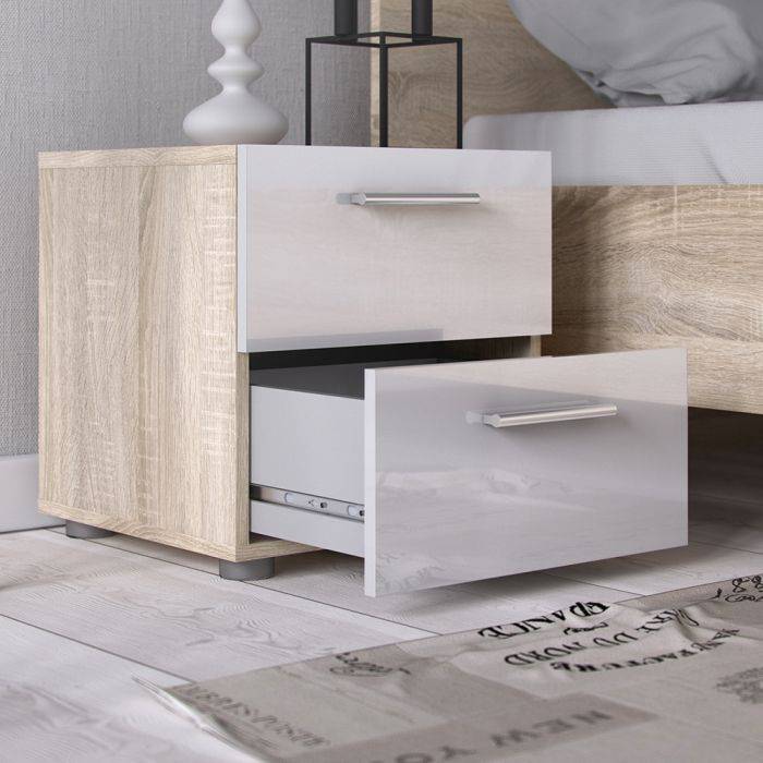 Pepe Bedside 2 Drawers in Oak with White High Gloss - TidySpaces