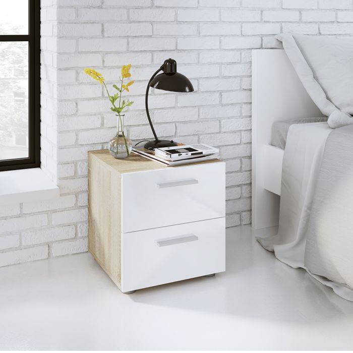 Pepe Bedside 2 Drawers in Oak with White High Gloss - TidySpaces