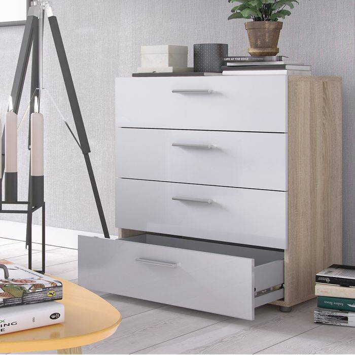 Pepe Chest of 4 Drawers in Oak with White High Gloss - TidySpaces