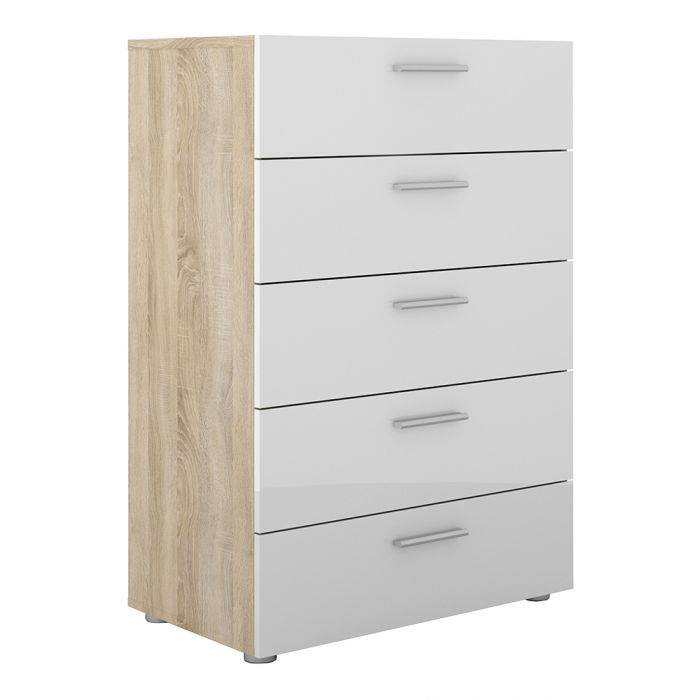 Pepe Chest of 5 Drawers in Oak with White High Gloss - TidySpaces