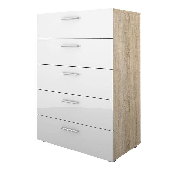 Pepe Chest of 5 Drawers in Oak with White High Gloss - TidySpaces