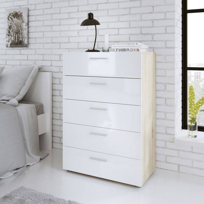 Pepe Chest of 5 Drawers in Oak with White High Gloss - TidySpaces