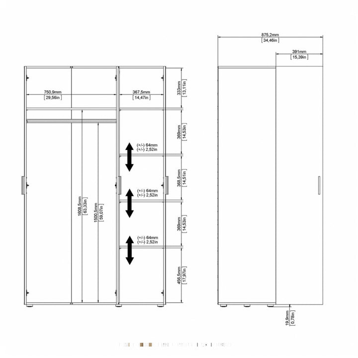 Pepe Wardrobe with 3 doors in Black - TidySpaces