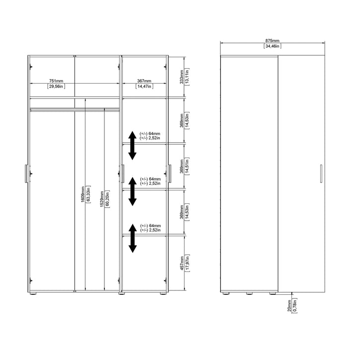 Pepe Wardrobe with 3 doors in White woodgrain - TidySpaces