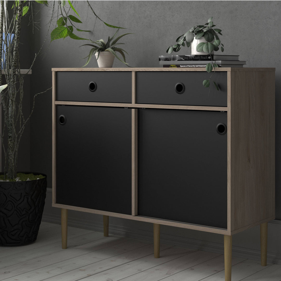 Rome Sideboard 2 Sliding Doors + 2 Drawers in Jackson Hickory Oak with Matt Black - TidySpaces