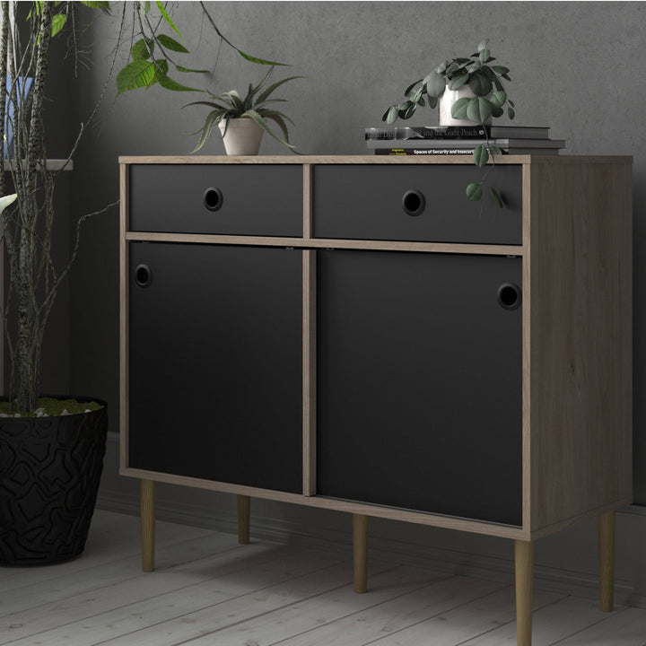 Rome Sideboard 2 Sliding Doors + 2 Drawers in Jackson Hickory Oak with Matt Black - TidySpaces