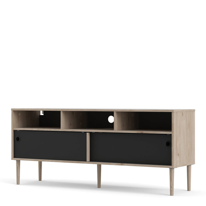 Rome TV-unit 2 Sliding Doors in Jackson Hickory Oak with Matt Black - TidySpaces