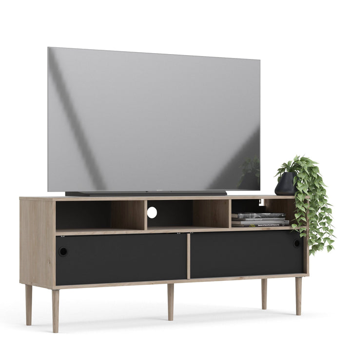 Rome TV-unit 2 Sliding Doors in Jackson Hickory Oak with Matt Black - TidySpaces