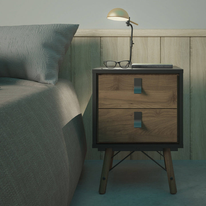 Ry Bedside cabinet 2 drawer in Matt Black Walnut - TidySpaces