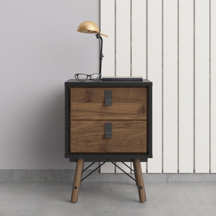 Ry Bedside cabinet 2 drawer in Matt Black Walnut - TidySpaces