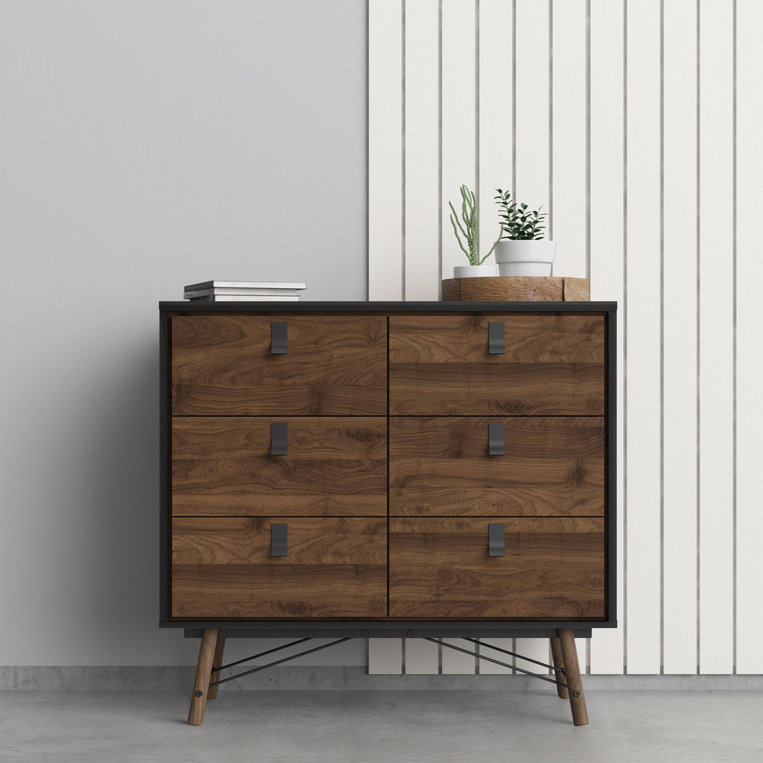 Ry Double chest of drawers 6 drawers in Matt Black Walnut - TidySpaces