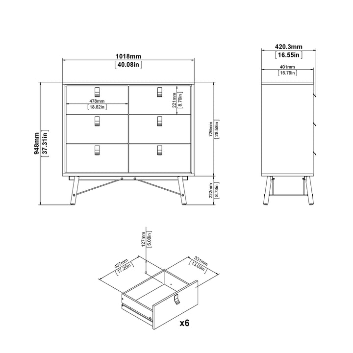 Ry Double chest of drawers 6 drawers in Matt Black Walnut - TidySpaces