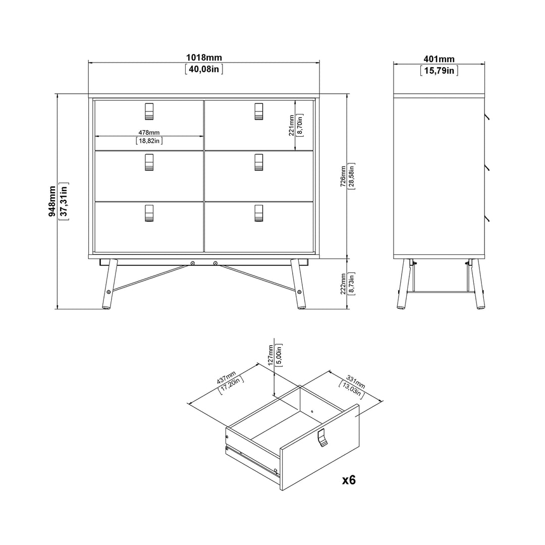 Ry Small Double Chest of Drawers 6 Drawers in Jackson Hickory Oak - TidySpaces