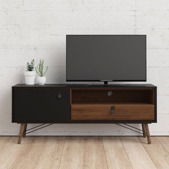 Ry TV-unit 1 door + 1 drawer Matt Black Walnut - TidySpaces