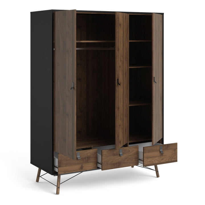 Ry Wardrobe 3 doors + 3 drawers in Matt Black Walnut - TidySpaces