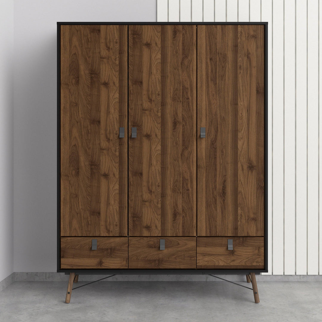 Ry Wardrobe 3 doors + 3 drawers in Matt Black Walnut - TidySpaces