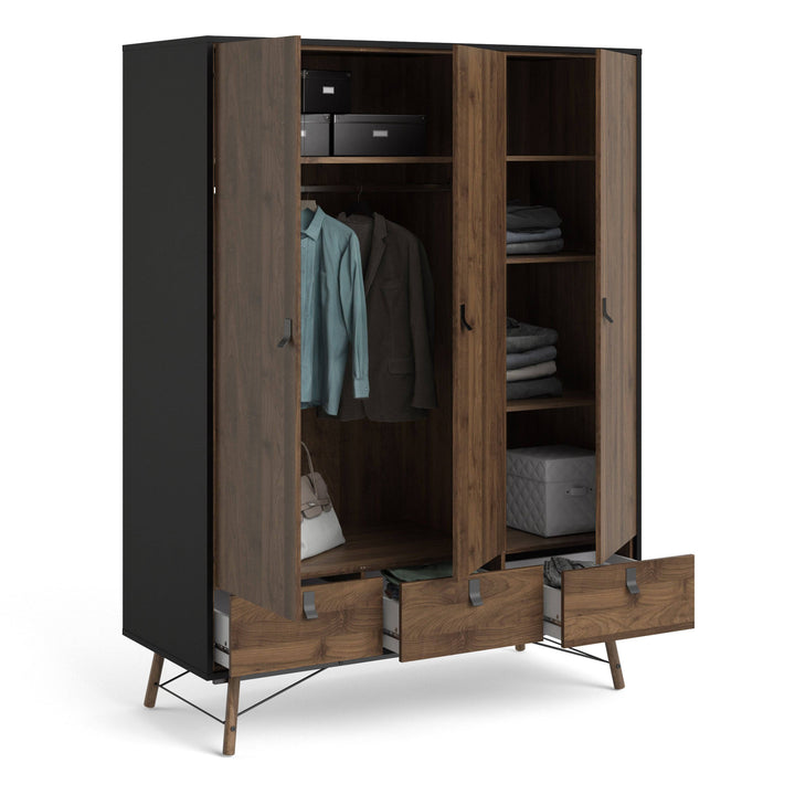 Ry Wardrobe 3 doors + 3 drawers in Matt Black Walnut - TidySpaces