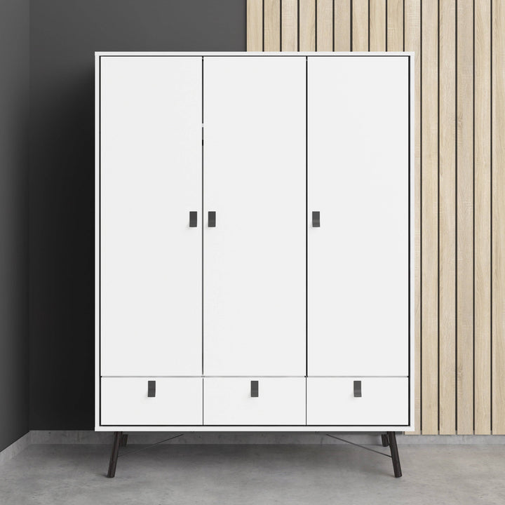 Ry Wardrobe 3 doors + 3 drawers in Matt White - TidySpaces