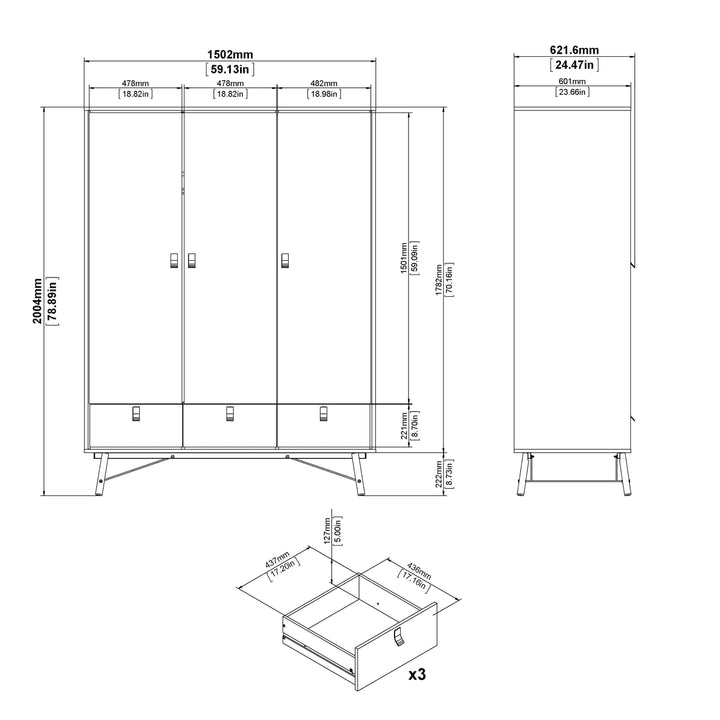 Ry Wardrobe 3 doors + 3 drawers in Matt White - TidySpaces