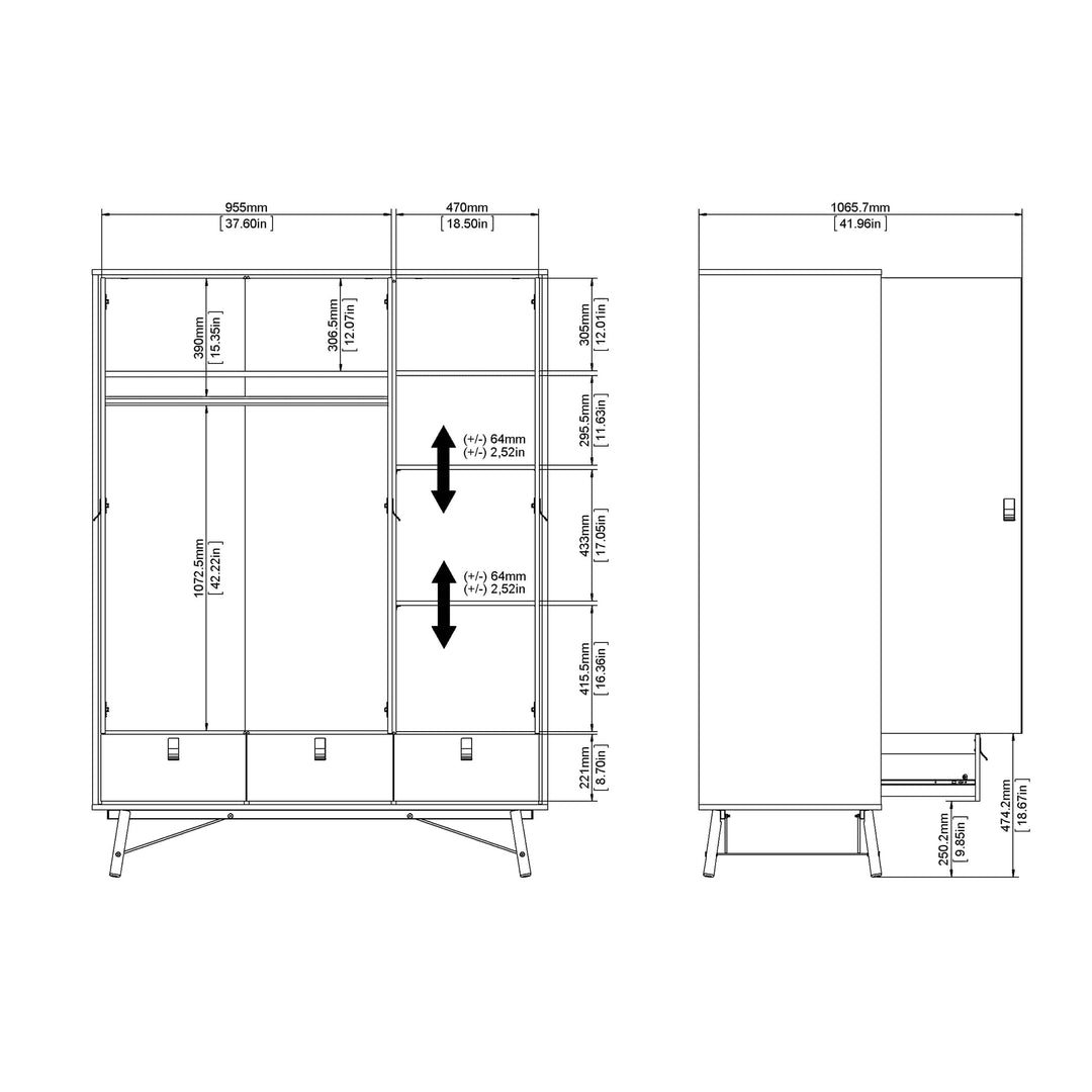 Ry Wardrobe 3 doors + 3 drawers in Matt White - TidySpaces