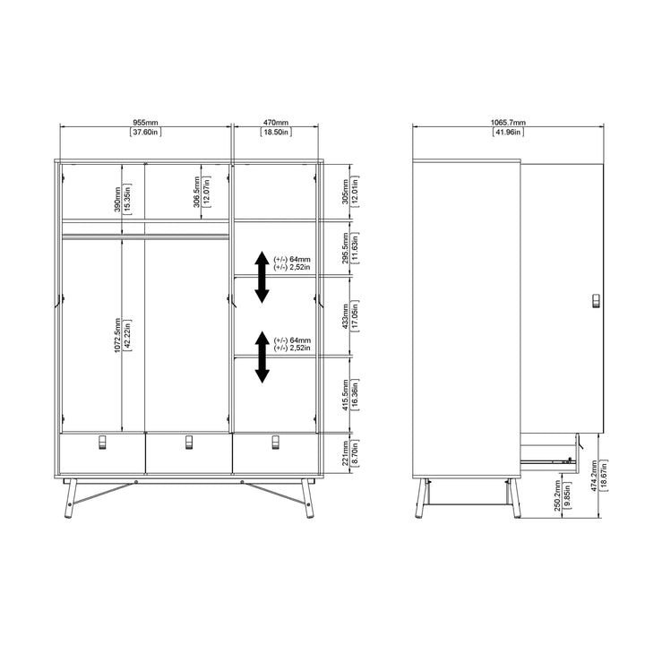 Ry Wardrobe 3 doors + 3 drawers in Matt White - TidySpaces