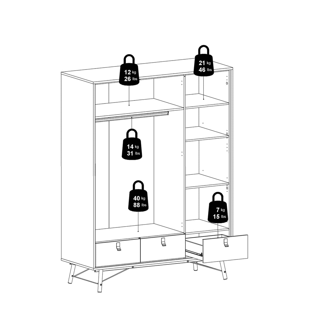 Ry Wardrobe 3 doors + 3 drawers in Matt White - TidySpaces