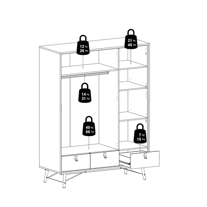 Ry Wardrobe 3 doors + 3 drawers in Matt White - TidySpaces