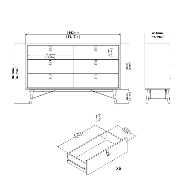 Ry Wide Double Chest of Drawers 6 Drawers in Jackson Hickory Oak - TidySpaces