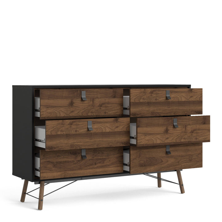 Ry Wide double chest of drawers 6 drawers in Matt Black Walnut - TidySpaces