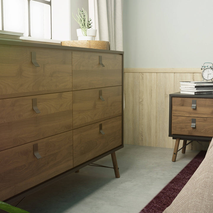 Ry Wide double chest of drawers 6 drawers in Matt Black Walnut - TidySpaces