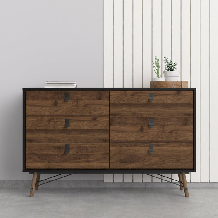 Ry Wide double chest of drawers 6 drawers in Matt Black Walnut - TidySpaces