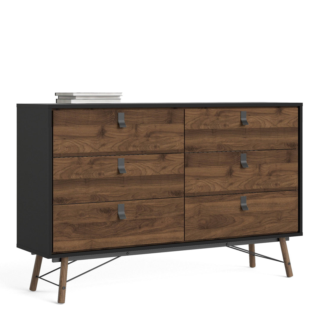 Ry Wide double chest of drawers 6 drawers in Matt Black Walnut - TidySpaces