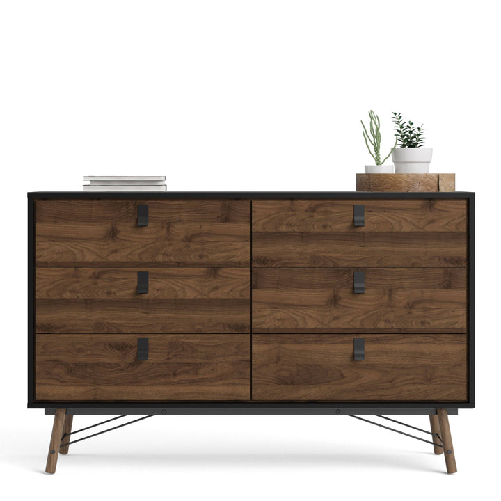 Ry Wide double chest of drawers 6 drawers in Matt Black Walnut - TidySpaces