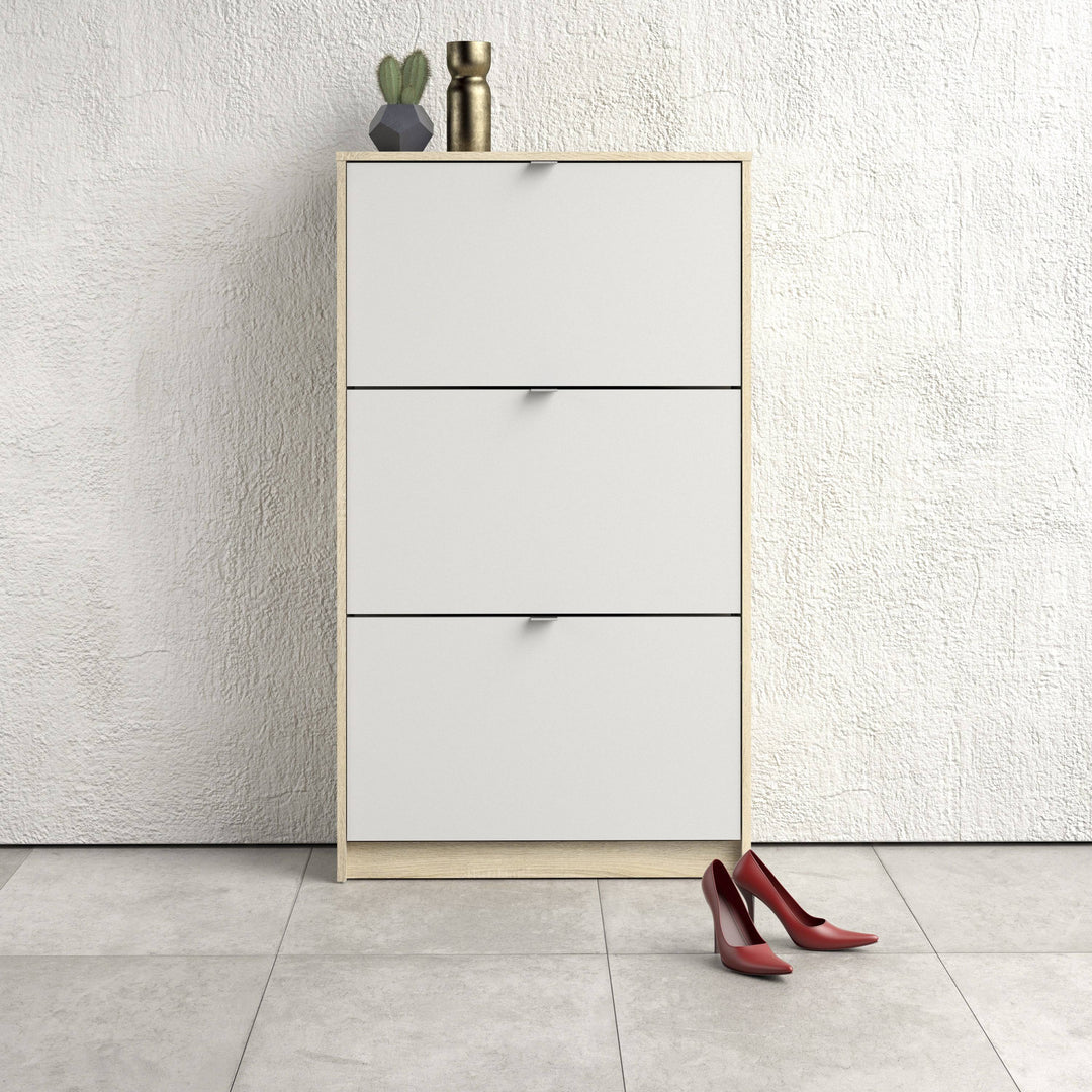 Shoes Shoe cabinet w. 3 tilting doors and 2 layers Oak structure White