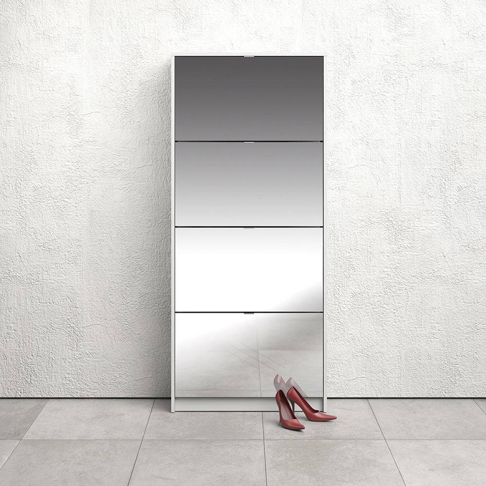 Shoes Shoe cabinet w. 4 mirror tilting doors and 2 layers in White - TidySpaces