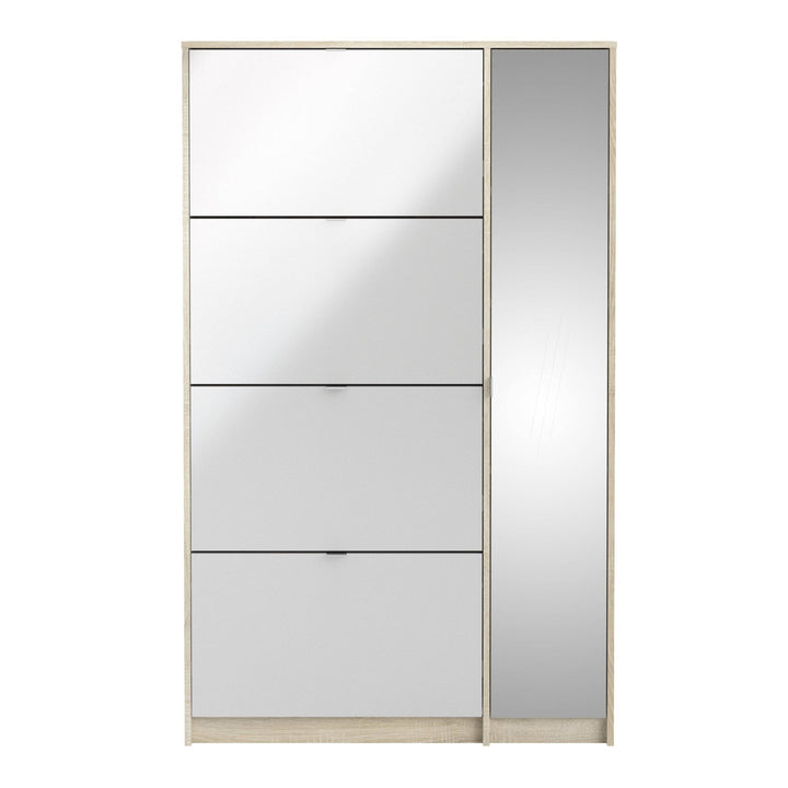 Shoes Shoe cabinet w. 4 tilting doors and 2 layers + 1 mirror door Oak structure - TidySpaces