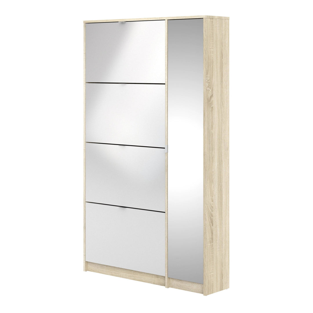 Shoes Shoe cabinet w. 4 tilting doors and 2 layers + 1 mirror door Oak structure - TidySpaces