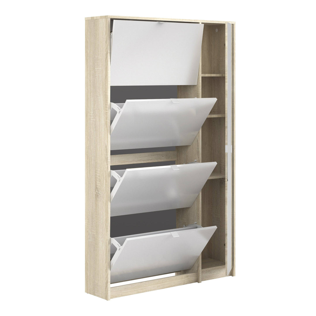 Shoes Shoe cabinet w. 4 tilting doors and 2 layers + 1 mirror door Oak structure - TidySpaces