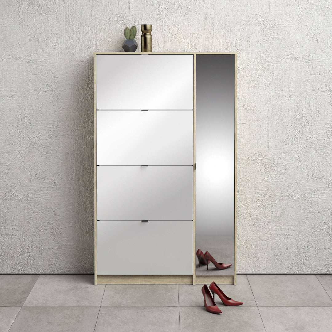 Shoes Shoe cabinet w. 4 tilting doors and 2 layers + 1 mirror door Oak structure - TidySpaces