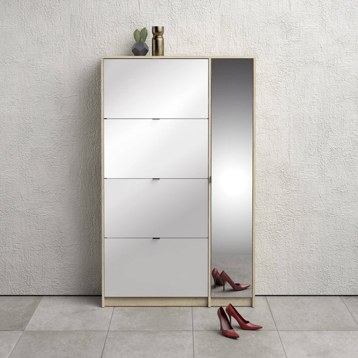 Shoes Shoe cabinet w. 4 tilting doors and 2 layers + 1 mirror door Oak structure - TidySpaces