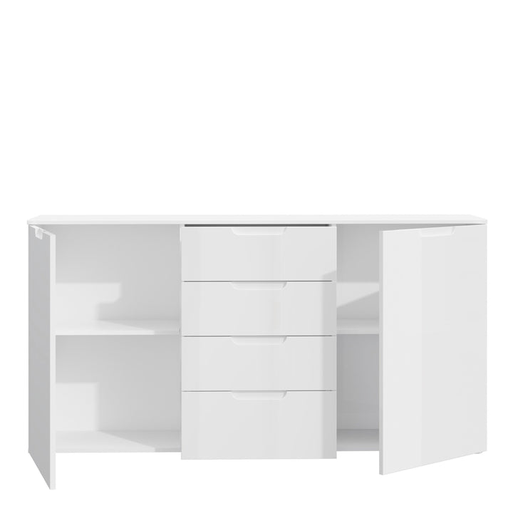 Sienna Wide Chest of 4 Drawers and 2 Doors in White/White High Gloss - TidySpaces