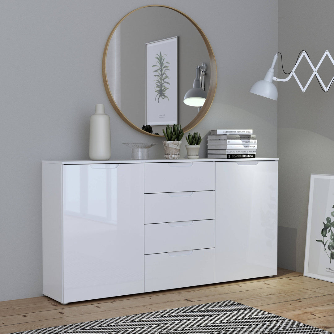 Sienna Wide Chest of 4 Drawers and 2 Doors in White/White High Gloss - TidySpaces