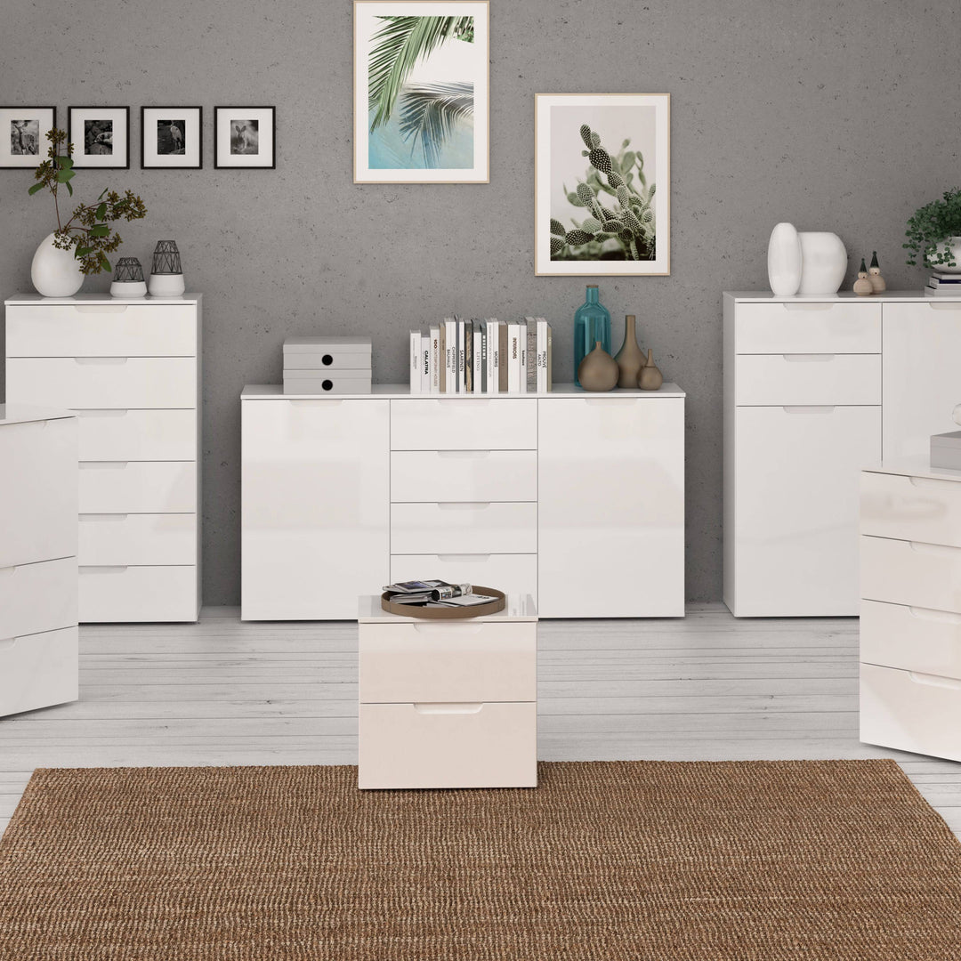 Sienna Wide Chest of 4 Drawers and 2 Doors in White/White High Gloss - TidySpaces