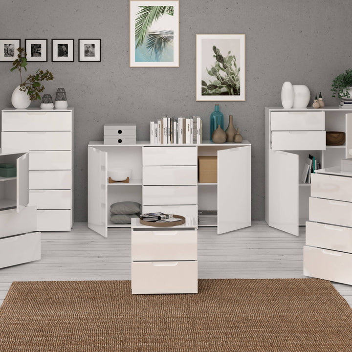 Sienna Wide Chest of 4 Drawers and 2 Doors in White/White High Gloss - TidySpaces